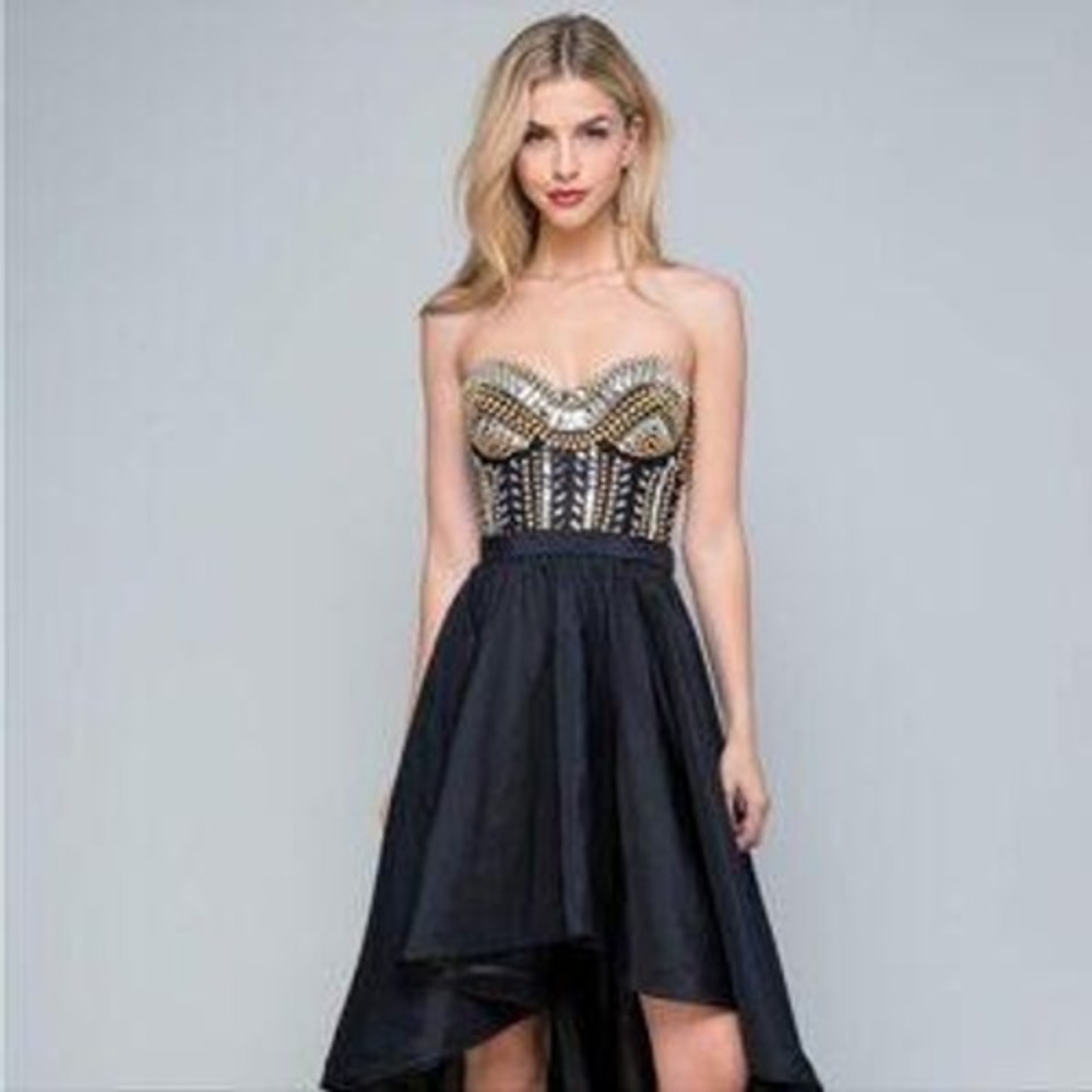 Bebe High Low Gown Women 2 Black Gold Beaded Embellished Formal Prom Dress